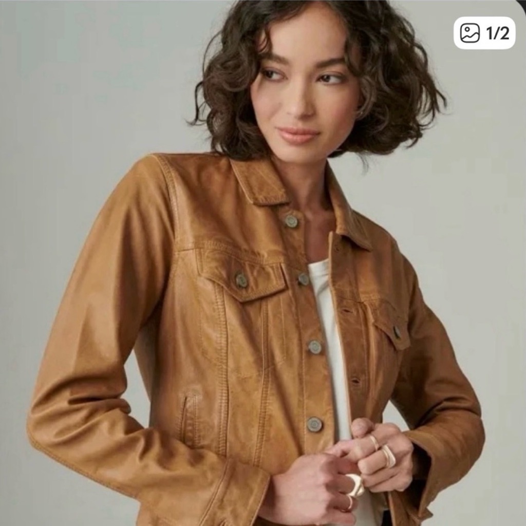 Lucky Brand Lamb Leather Trucker Jacket In Cognac